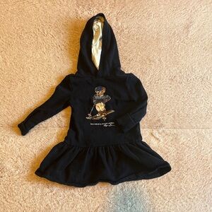 Kids Black Hooded Dress with a Polo Bear on Skiing
